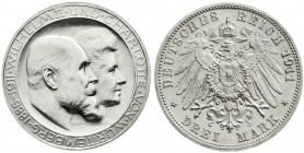 Württemberg
Wilhelm II., 1891-1918
3 Mark 1911 F. Zur silbernen Hochzeit. Mit hohem Querstrich im H. vorzüglich/Stempelglanz