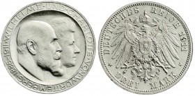Württemberg
Wilhelm II., 1891-1918
3 Mark 1911 F. Zur silbernen Hochzeit. Mit hohem Querstrich im H. fast vorzüglich, Randfehler