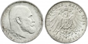 Württemberg
Wilhelm II., 1891-1918
3 Reichsmark 1916 zum 25 jähr. Regierungsjubiläum. Polierte Platte, mattiert, nur min. berührt, sehr selten