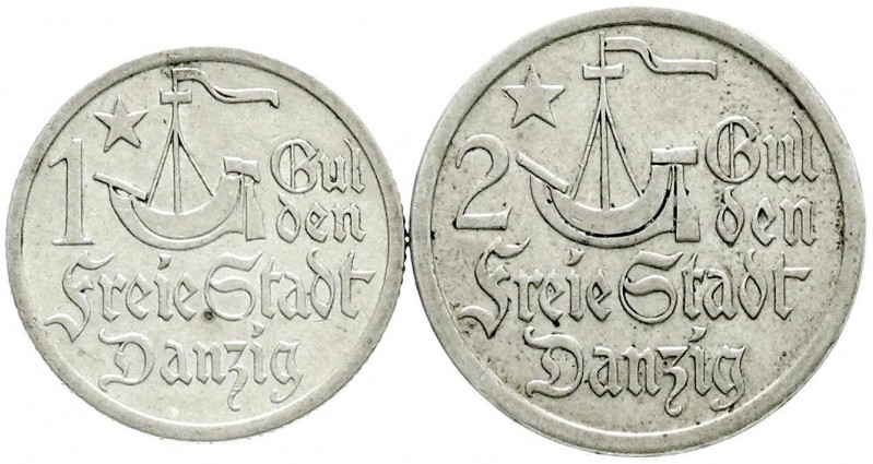 Danzig, Freie Stadt
2 Stück: 1 und 2 Gulden 1923. Hansekogge. vorzüglich und se...