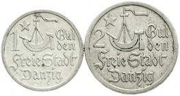 Danzig, Freie Stadt
2 Stück: 1 und 2 Gulden 1923. Hansekogge. vorzüglich und sehr schön/vorzüglich