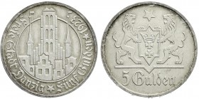 Danzig, Freie Stadt
5 Gulden 1923. Marienkirche. vorzüglich/Stempelglanz, feine Patina, selten in dieser Erhaltung