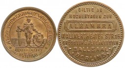 Berlin
2 Kupfermarken: 15 Pfennig Alte Pankgrafenvereinigung Wedding und ohne Wertangabe "Alhambra". beide vorzüglich/Stempelglanz