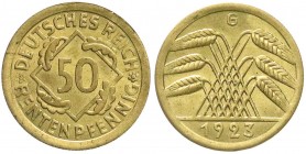 Kursmünzen
50 Rentenpfennig, messingfarben 1923-1924
1923 G. Stempelglanz, Prachtexemplar