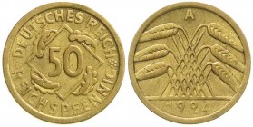 Kursmünzen
50 Reichspfennig, messingfarben 1924-1925
1924 A. Mit Gutachten von Kurt Jaeger v. 1972. Die Münze wurde von uns zur nochmaligen Überprüf...