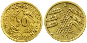 Kursmünzen
50 Reichspfennig, messingfarben 1924-1925
1924 A. gutes sehr schön