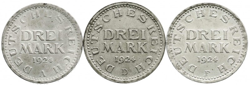 Kursmünzen
1 Mark, Silber, 1924-1925
3 Stück: 1924 A, D, F. vorzüglich und bes...