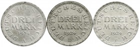 Kursmünzen
1 Mark, Silber, 1924-1925
3 Stück: 1924 A, D, F. vorzüglich und besser
