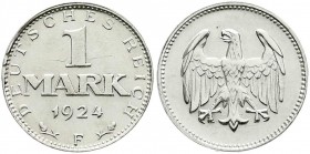 Kursmünzen
1 Mark, Silber, 1924-1925
1924 F. Interessante, starke Lichtenrader-Prägung. fast Stempelglanz, Prachtexemplar