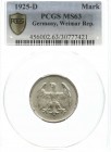 Kursmünzen
1 Mark, Silber, 1924-1925
1925 D. Im PCGS-Blister mit Grading MS 63. fast Stempelglanz