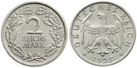 Kursmünzen
2 Reichsmark, Silber 1925-1931
1925 J. Stempelglanz, Prachtexemplar