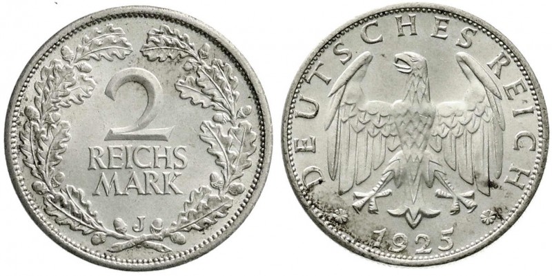 Kursmünzen
2 Reichsmark, Silber 1925-1931
1925 J. Stempelglanz, Prachtexemplar...