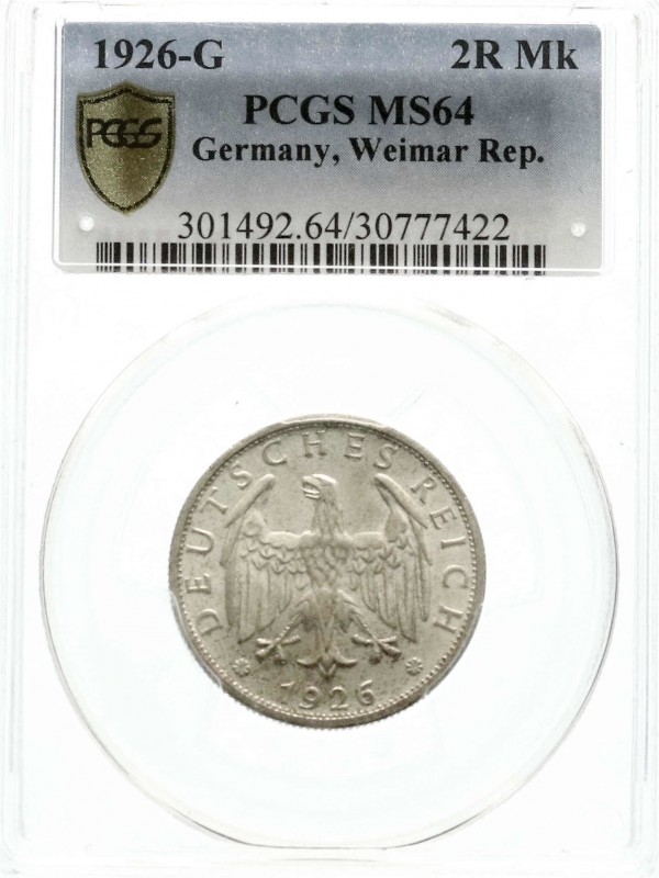 Kursmünzen
2 Reichsmark, Silber 1925-1931
1926 G. Im PCGS-Blister mit Grading ...