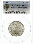 Kursmünzen
2 Reichsmark, Silber 1925-1931
1926 G. Im PCGS-Blister mit Grading MS 64 (bisher wurde nur 1 Ex. höher gegradet). Stempelglanz