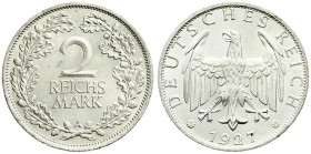 Kursmünzen
2 Reichsmark, Silber 1925-1931
1927 A. fast Stempelglanz, kl. Kratzer