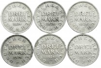 Kursmünzen
3 Mark, Silber 1924-1925
6 Stück: 1924 A, D, E, F, G, J. Kompletter Jahrgang. sehr schön bis vorzüglich