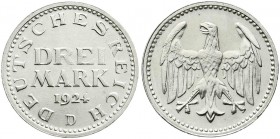 Kursmünzen
3 Mark, Silber 1924-1925
1924 D. fast Stempelglanz, Prachtexemplar, winz Randfehler