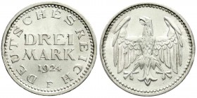 Kursmünzen
3 Mark, Silber 1924-1925
1924 F. fast Stempelglanz, Prachtexemplar, leicht berieben