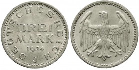 Kursmünzen
3 Mark, Silber 1924-1925
1924 J. fast Stempelglanz, Prachtexemplar