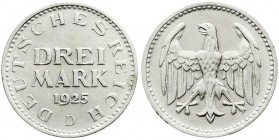 Kursmünzen
3 Mark, Silber 1924-1925
1925 D. vorzüglich, kl. Randfehler