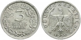 Kursmünzen
3 Reichsmark, Silber 1931-1933
1931 A. vorzüglich/Stempelglanz, winz. Randfehler