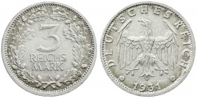 Kursmünzen
3 Reichsmark, Silber 1931-1933
1931 A. vorzüglich, kl. Kratzer