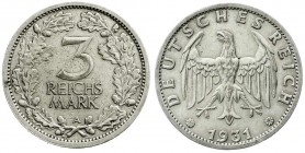 Kursmünzen
3 Reichsmark, Silber 1931-1933
1931 A. sehr schön