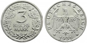 Kursmünzen
3 Reichsmark, Silber 1931-1933
1931 D. vorzüglich