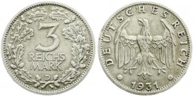Kursmünzen
3 Reichsmark, Silber 1931-1933
1931 D. sehr schön, kl. Randfehler