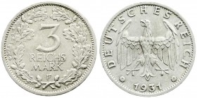 Kursmünzen
3 Reichsmark, Silber 1931-1933
1931 F. vorzüglich