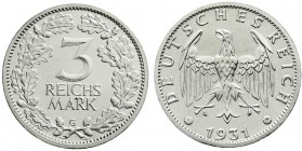 Kursmünzen
3 Reichsmark, Silber 1931-1933
1931 G. vorzüglich