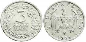 Kursmünzen
3 Reichsmark, Silber 1931-1933
1931 J. vorzüglich, übl. prägebed. Randunebenheiten
