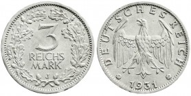 Kursmünzen
3 Reichsmark, Silber 1931-1933
1931 J. sehr schön/vorzüglich, kl. Randfehler