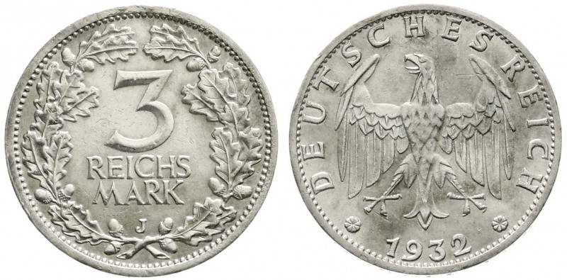 Kursmünzen
3 Reichsmark, Silber 1931-1933
1932 J. vorzüglich