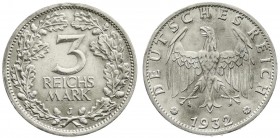 Kursmünzen
3 Reichsmark, Silber 1931-1933
1932 J. vorzüglich