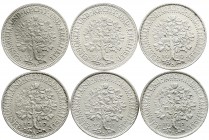 Kursmünzen
5 Reichsmark Eichbaum Silber 1927-1933
6 verschiedene Jahrgänge mit Prägebuchstabe A: 1927 bis 1932 komplett. gutes vorzüglich bis fast S...