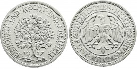 Kursmünzen
5 Reichsmark Eichbaum Silber 1927-1933
1927 J. Erstabschlag, nur leicht berührt, Prachtexemplar