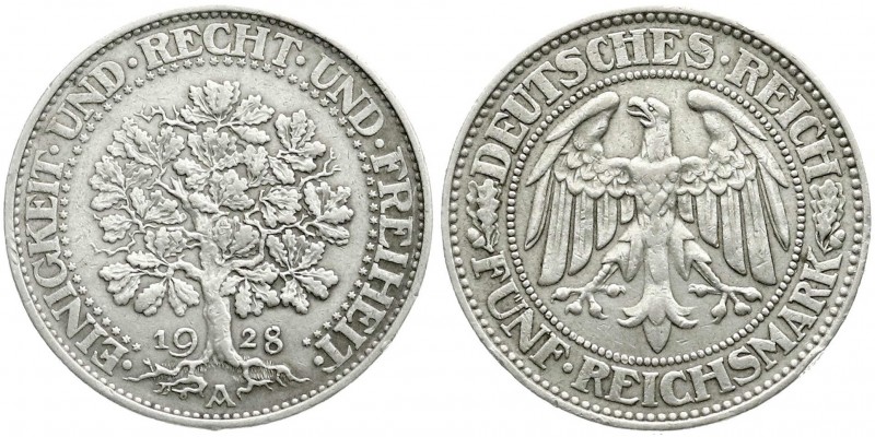 Kursmünzen
5 Reichsmark Eichbaum Silber 1927-1933
1928 A. sehr schön, kl. Rand...