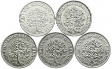 Kursmünzen
5 Reichsmark Eichbaum Silber 1927-1933
5 verschiedene: 1928 J, 1930 A, 1931 D, E, 1932 D. sehr schön bis vorzüglich