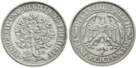 Kursmünzen
5 Reichsmark Eichbaum Silber 1927-1933
1930 J. vorzüglich, Felder etwas überarbeitet, selten