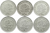 Kursmünzen
5 Reichsmark Eichbaum Silber 1927-1933
6 Stück: 1931 A, D, E, F, G, J. Kompletter Jahrgang. sehr schön bis vorzüglich, teils winz. Randfe...