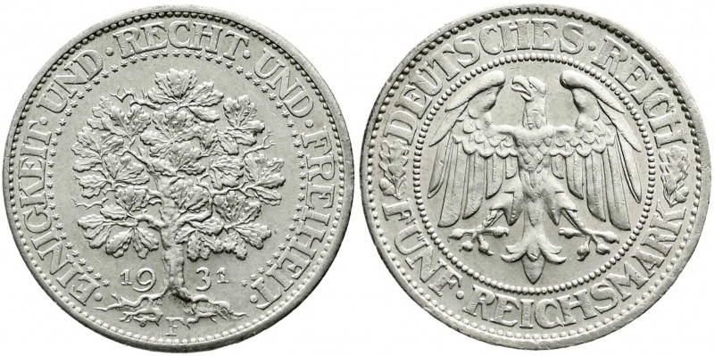 Kursmünzen
5 Reichsmark Eichbaum Silber 1927-1933
1931 F. vorzüglich