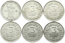 Gedenkmünzen
3 Reichsmark Rheinlande
6 Stück, komplette Serie 1925 A, D, E, F, G, J. sehr schön bis prägefrisch