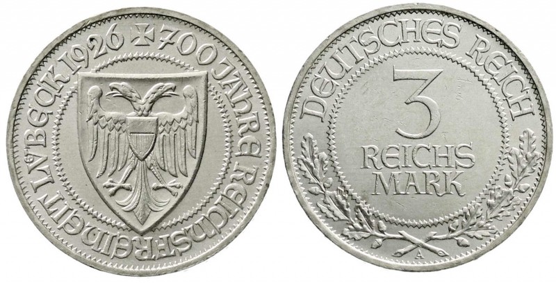 Gedenkmünzen
3 Reichsmark Lübeck
1926 A. vorzüglich/Stempelglanz, kl. Kratzer...