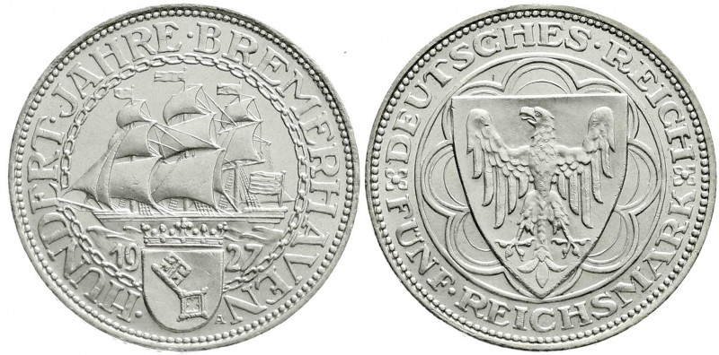 Gedenkmünzen
5 Reichsmark Bremerhaven
1927 A. fast Stempelglanz, Prachtexempla...