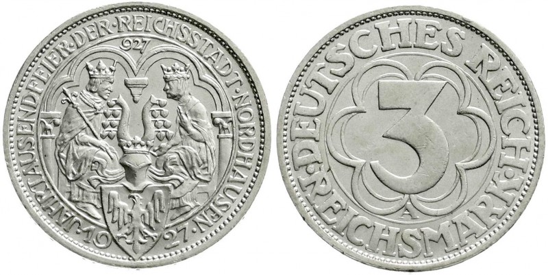 Gedenkmünzen
3 Reichsmark Nordhausen
1927 A. prägefrisch/fast Stempelglanz