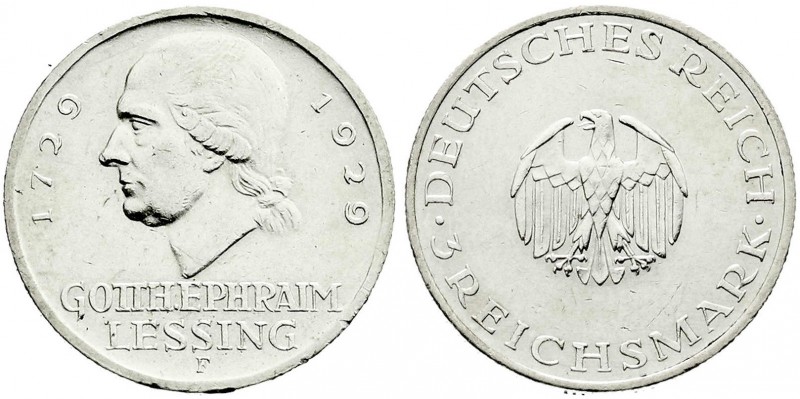 Gedenkmünzen
3 Reichsmark Lessing
1929 G. vorzüglich, kl. Kratzer und Randfehl...