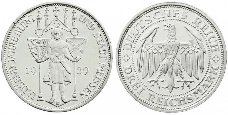 Gedenkmünzen
3 Reichsmark Meissen
1929 E. Polierte Platte, winz. Kratzer und m...