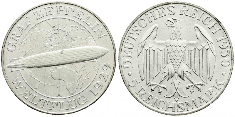 Gedenkmünzen
5 Reichsmark Zeppelin
1930 A. prägefrisch/fast Stempelglanz