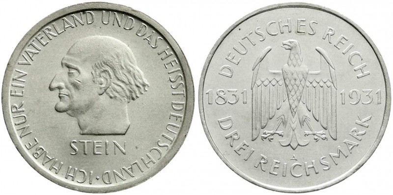 Gedenkmünzen
3 Reichsmark Stein Reichsfreiherr
1931 A. vorzüglich/Stempelglanz...